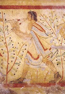 Musiker, der die Pfeifen spielt, aus dem Grab des Leoparden, ca. 490 v. Chr. (Detail)