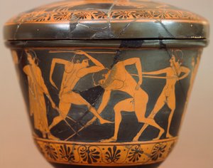 Pyxis mit Athleten im Gymnasium. Rotfigurige Keramik aus Cerveteri (Latium). Etruskische Zivilisation, 4. Jahrhundert v. Chr.