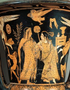 Rotfigurige Keramik, Krater, aus Civita Castellana, antikes Falerii, Provinz Rom, Italien (Detail), gekrönter Dionysos und Ariadne