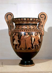 Rotfigurige Keramik, Volutenkrater, der Alkestis zeigt, wie sie A.D.metus umarmt und die Inschrift der Namen, von Alkestis-Maler