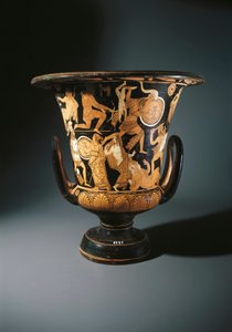 Rotfigurige Keramik, Kelchkrater, der Neoptolemus, Astyanax, Helena von Troja und Priamos am Boden darstellt, vom Nazzano-Maler, aus Civita Castellana von Etruscan