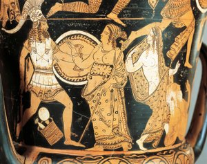 Rotfigurige Keramik, Detail eines Kraters, der Menelaos zeigt, der Aphrodite gegenübersteht, als er Helena erreicht, aus Civita Castellana, antikes Falerii, Provinz Rom, Italien