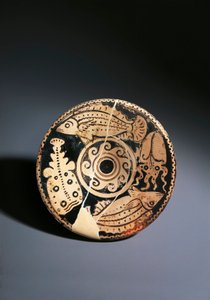 Rotfigurige Keramikschale mit Fischdekoration, aus Cerveteri