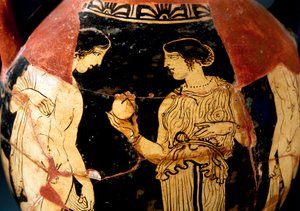 Rotfigurige Keramik, Pelike mit jungem Mädchen, das einen Granatapfel anbietet, restauriert von Sommavilla-Maler von Etruscan