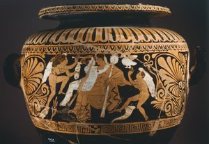 Stamnos (Flüssigkeitsspeichergefäß), Detail mit Dionysos und Ariadne. Rotfigurige Keramik aus Porano (Umbrien). Etruskische Zivilisation, 4. Jahrhundert v. Chr.