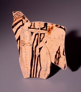 Terrakotta-Fragment einer Kylix mit Darstellung einer Mänade und eines Satyrs, 350 v. Chr.