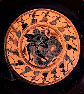 Terrakotta-Kylix darstellend Herkules im Kampf mit Triton, umgeben von siebzehn tanzenden Nereiden, 6. Jahrhundert v. Chr.
