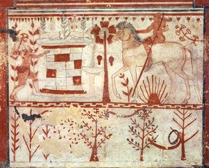 Der Hinterhalt des trojanischen Prinzen Troilus durch Achilles, aus dem Grab der Stiere (Tomba del Tori) ca. 540 v. Chr.