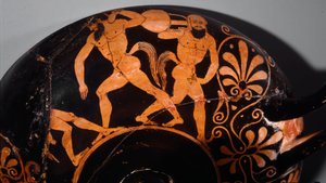 Etruskische Kunst: Kylix dekoriert mit einem Komos, ritueller Zug der Satyrn (erstes Beispiel etruskischer Keramik mit roten Figuren unter Verwendung von Relieflinien). 380 v. Chr. Aus Vulci (?) Paris, Musée Rodin