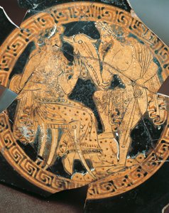 Rotfigurige Keramik, Innendekoration eines Kraters, der Poseidon und Amphitrite darstellt, etruskische Zivilisation