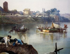 Fischer-Giornelli (Fischräder) am Tiber in der Nähe von Porto di Ripa Grande in Rom, von Ettore Roesler Franz (1845-1907), Aquarell, Italien von Ettore Roesler Franz