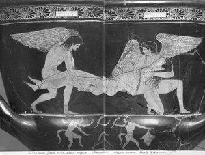Attischer rotfiguriger Kelchkrater, der Hypnos und Thanatos zeigt, die den Körper von Sarpedon tragen von Eucharides Painter