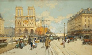 Figuren auf einer sonnigen Pariser Straße, Notre Dame links