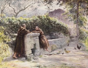 Das Mahl des heiligen Franziskus und Bruder Masseo am Brunnen, der heilige Franziskus lobt die Armut
