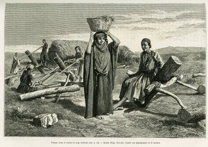 Arabische Frau und Sägen von langen zehn Foulis. Gravur von Eugene Girardet, zur Illustration der Geschichte „A Suse“.