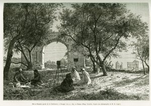 Bab-er-Roumia (Bab er Roumia), Tor der christlichen Frau, römische Ruinen in Dougga, Picknick von Reisenden und ihren Führern, um eine Kamera. Gravur von Eugene Girardet, zur Illustration der Geschichte „Voyage en Tunisie“, von R. Cagnat und H. Saladin. von Eugene Alexis Girardet
