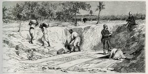 Ausgrabungen auf dem christlichen Friedhof von Lamta, mit beiden Missionsbeauftragten. Gravur von Eug. Girardet, zur Illustration der Geschichte "Die Reise nach Tunesien" von Rene Cagnat