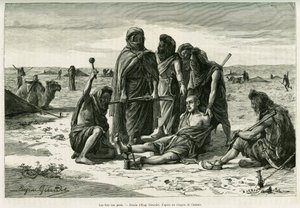 Die Eisen an den Füßen. Gravur von Eugene Girardet zur Illustration der Geschichte „Fünf Monate bei den nomadischen Mauren der westlichen Sahara“ von Camille Douls, veröffentlicht in Le Tour du monde 1888 von Eugene Alexis Girardet