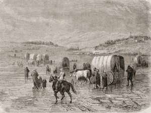 Ein Wagenzug, der in den 1860er Jahren nach Westen zieht, graviert von Stephane Pannemaker (1847-1930)