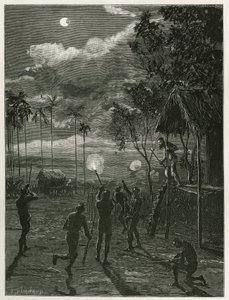 Dr. Harmand wird mitten in der Nacht durch das Geräusch der Gewehre der einheimischen Khas geweckt, die auf den Mond schießen, der einer Mondfinsternis unterliegt, in Attopeu (Laos), Gravur von Eugene Burnand, zur Illustration der Geschichte von Laos und d