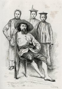 Porträt des Autors, umgeben von seinen Reisegefährten. Gravur von Eugene Burnand zur Illustration der Geschichte „Reise in Oberlaos“, 1880, von Dr. P. Neis. Veröffentlicht in Le Tour du monde, nouveau journal des voyages, 2. Halbjahr 1885, herausgegeben vo von Eugene Burnand