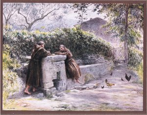 Das Mahl von St. Franziskus und Bruder Masseo am Brunnen. St. Franziskus lobt die Armut