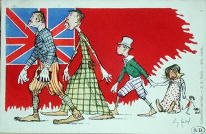 Britische Familie aus der Sicht der Franzosen, Postkarte von Eugene Cadel