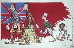 Postkarte mit einer Karikatur einer britischen Familie von Eugene Cadel
