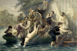 Ah! Der schöne Kopf, ein Sonntag am Wasser. Frau taucht im Badeanzug ins Wasser im 19. Jahrhundert unter dem Gelächter von Matrosen. Eine Frau im Boot schützt sich mit ihrem Regenschirm. Gravur von Eugene Guerard (1821-1866)