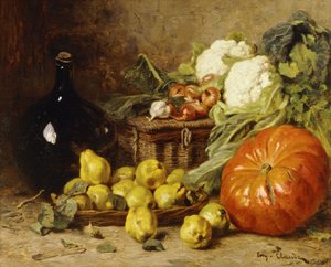Ein Stillleben mit einem Weinkrug, einem Korb, Birnen, Zwiebeln, Blumenkohl, Kohl, Knoblauch und einem Kürbis von Eugene Claude