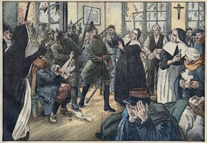 1914, Erster Weltkrieg: Amelie Rigard, bekannt als Schwester Julie, verteidigt die Verwundeten ihres Krankenhauses gegen deutsche Soldaten. Gerbeviller, Meurthe und Moselle (54). Illustration von Damblans. In „Le Pelerin“ vom 17. Mai von Eugene Damblans
