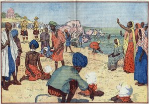 Woche des zivilen Ungehorsams in Indien gegen das Britische Empire: Am Strand von Bombay kochen Gandhi (1869-1948) und seine Anhänger Meerwasser, um Salz zu gewinnen, und verstoßen damit gegen das Gabelle-Gesetz. Frauen ermutigen sie, indem sie diesen Refr