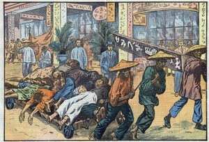 Bürgerkrieg zwischen Nationalisten und Kommunisten in China: Nach den kommunistischen Unruhen in Kanton werden die Leichen der Opfer auf Karren gestapelt. Illustration von Damblans. In „Le Pelerin“ vom 4. März von Eugene Damblans