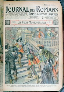 Titelseite einer Serialisierung von Die drei Musketiere von Alexandre Dumas