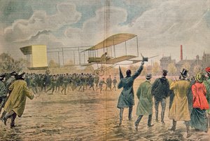 Henri Farman (1874-1958) in Issy-les-Moulineaux in seinem Flugzeug Voisin-Farman 1, Illustration aus 