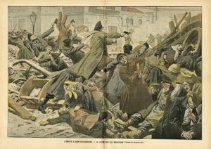 Illustration von Eugene Damblans (1865-1945) in Le Pelerin, 05/02/05 - Der Aufstand in Sankt Petersburg. Der Kampf auf den Barrikaden - Russland, Tote, Barrikaden, Aufstände, Sankt Petersburg, Revolution von 1905 - Arbeiter