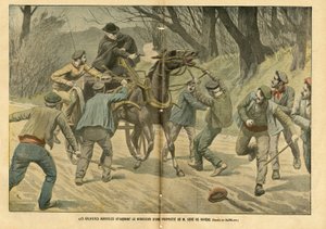 Illustration von Eugene Damblans (1865-1945) in Le Pelerin, 31/01/04 - Landwirtschaftliche Streikende greifen den Verwalter eines Anwesens von M. Sere de Riviere an
