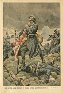 Illustration von Eugene Damblans (1865-1945) in Le Pelerin, 01/01/05 - Ein russischer Korporal zerreißt eine japanische Flagge vor Port Arthur - Russland, Japan, Port Arthur, Russisch-Japanischer Krieg, Kämpfe, Gewehre - Soldaten, Korporal