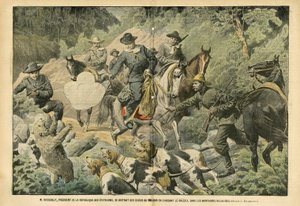 Illustration von Eugene Damblans (1865-1945) in Le Pelerin, 02/07/05 - Roosevelt, Präsident der Vereinigten Staaten, abgelenkt von den Sorgen der Macht durch die Jagd auf Grizzlybären in den Rocky Mountains - Amerika USA, Jagd USA, Rocky Mountains - Hund,  von Eugene Damblans