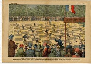 Illustration von Eugene Damblans (1865-1945) in Le Pelerin, 04/09/27 - Zum ersten Mal in Frankreich, ein Spiel der Damen... Lebendes Schachbrett - Spiel, Hobbys, Menge, Dame