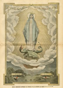 Illustration von Eugene Damblans (1865-1945) in Le Pelerin, 04/12/04 - Maria Immaculée erscheint der Welt und bringt ihr Heil - Religion Glaube, Katholisch Katholizismus - Unbefleckte Empfängnis - Maria, Drache - Wolken - Erde von Eugene Damblans