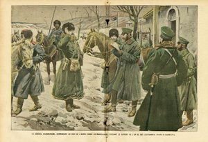 Illustration von Eugene Damblans (1865-1945) in Le Pelerin, 05/03/05 - General Kuropatkin, Oberbefehlshaber der russischen Armee in der Mandschurei, erhält den Bericht eines seiner Leutnants