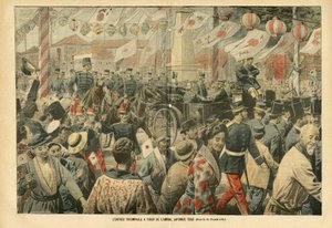 Illustration von Eugene Damblans (1865-1945) in Le Pelerin, 05/11/05 - Der triumphale Einzug des japanischen Admirals Togo in Tokio - Armee, Japan, Menge, Tokio - Admiral Admirale, Togo Heihachiro (1848-1934), Zivilisten