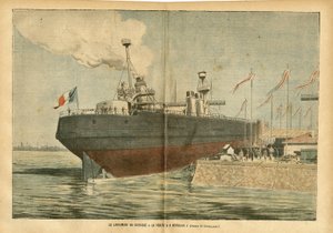 Illustration von Eugene Damblans (1865-1945) in Le Pelerin, 09/06/07 - Der Stapellauf des Panzerschiffs „La Verite“ in Bordeaux