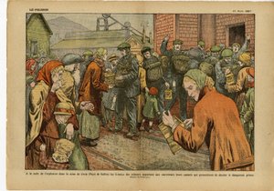 Illustration von Eugene Damblans (1865-1945) in Le Pelerin, 20/03/27 - Nach der Explosion in der Mine... bringen die Frauen der Bergleute den Rettern ihre Kanarienvögel, die das gefährliche Grubengas aufspüren - England Großbritannien, Bergbau, Industrie von Eugene Damblans