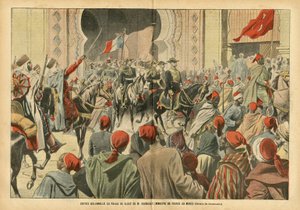 Illustration von Eugene Damblans (1865-1945) in Le Pelerin, 20/10/07 - Feierlicher Einzug in den Palast von Rabat durch Herrn Regnault, Minister von Frankreich in Marokko - Kolonisation Kolonialismus Kolonien, Architektur Stadtplanung, Marokko, Offizieller