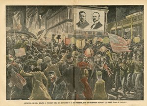 Illustration von Eugene Damblans (1865-1945) in Le Pelerin, 20/11/04 - In New York jubelt die Menge dem wiedergewählten Präsidenten der Vereinigten Staaten und dem Vizepräsidenten zu von Eugene Damblans