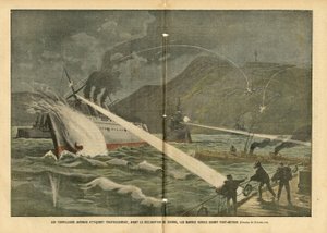 Illustration von Eugene Damblans (1865-1945) in Le Pelerin, 21/02/04 - Japanischer Torpedoangriff auf russische Schiffe vor der Kriegserklärung - Russland, Japan, Maritime Marine Küste, Port Arthur, Russisch-Japanischer Krieg, Kriegsschiffe von Eugene Damblans