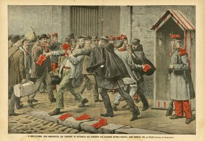 Illustration von Eugene Damblans (1865-1945) in Le Pelerin, 22/10/05 - In Saint-Etienne wurden zwei Anarchisten, die versuchten, antimilitaristische Garderoben an Wehrpflichtige zu verteilen, von der Polizei verhaftet - Antimilitarismus, Anarchist Anarchis von Eugene Damblans