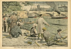 Illustration von Eugene Damblans (1865-1945) in Le Pelerin, 23/06/05 - Im Sommer bevölkern viele Pariser die Ufer der Seine und werfen ihre Angel aus und... fangen nichts - Freizeit, Paris, Angeln, Brücke, Seine (Fluss), Sommer, Hausboot, Angelrute von Eugene Damblans